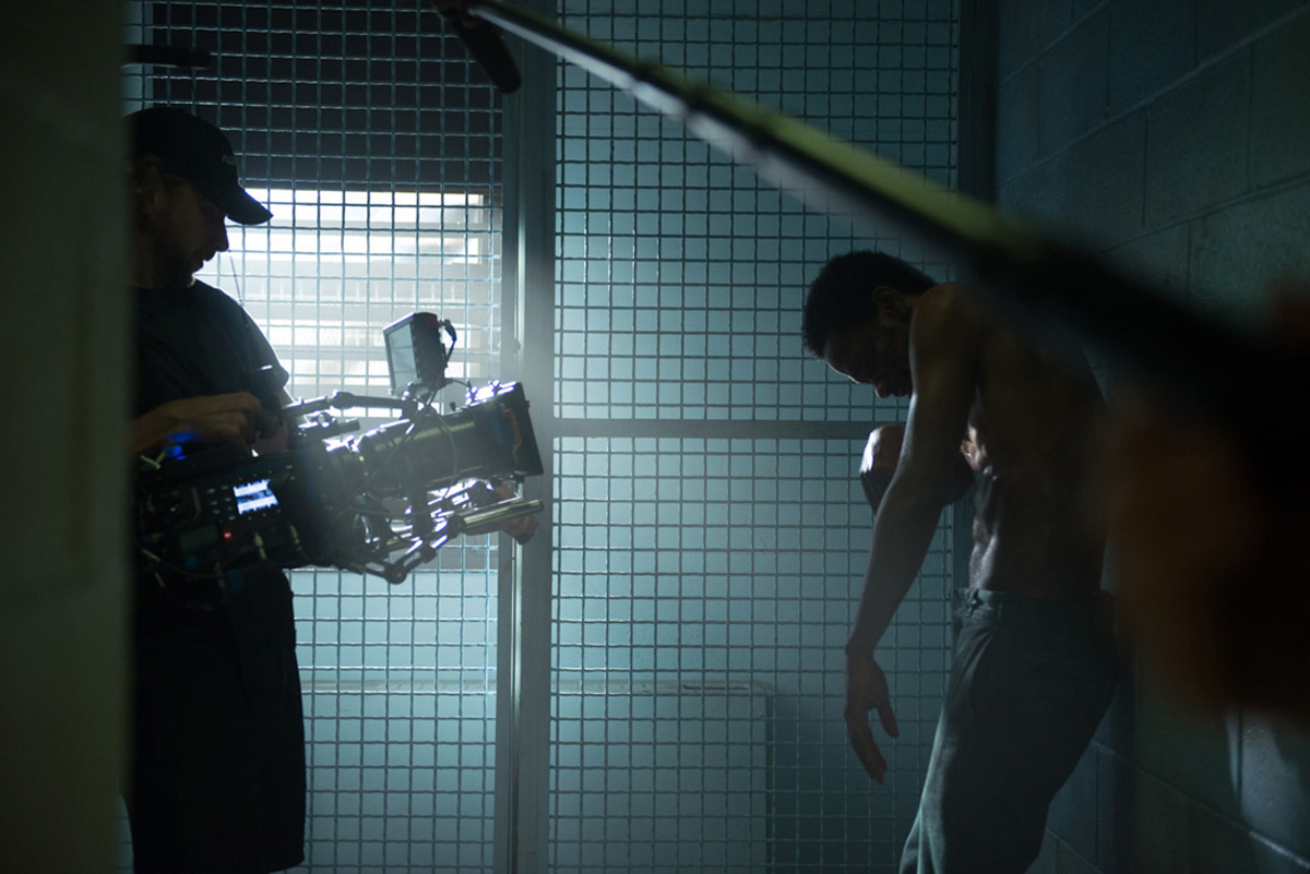 Crown Heights DP Ben Kutchins shooting in a cell with Lakeith Stanfield / Photo by Anna Kooris