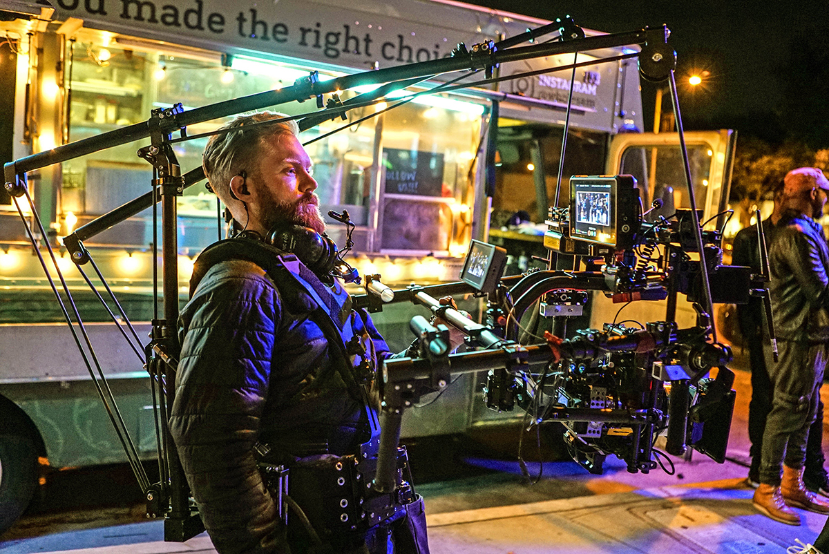 Guild DP Steven Holleran used a prototype stabilization rig by Antigravity Cam and a Sony a7sII mirrorless camera for this super-challenging continuous take feature. Photo courtesy of Steven Holleran