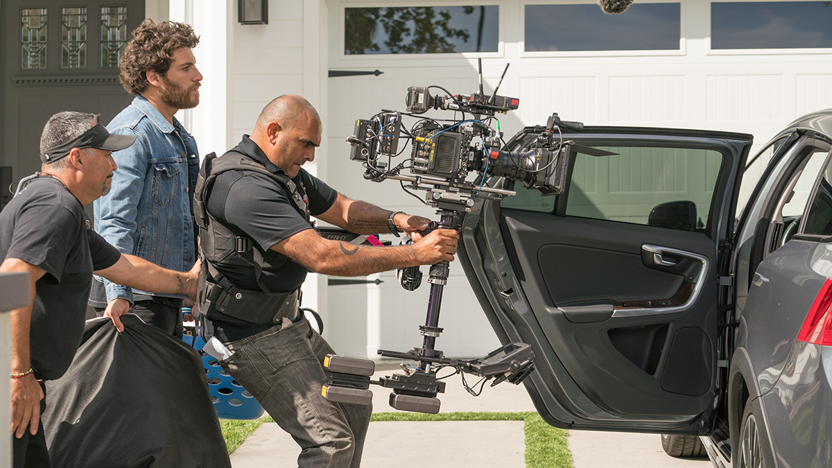 (L to R) A Camera Dolly Grip Hector Miranda, actor Adam Pally and A Camera Operator / Stedicam Twojay Dhillon