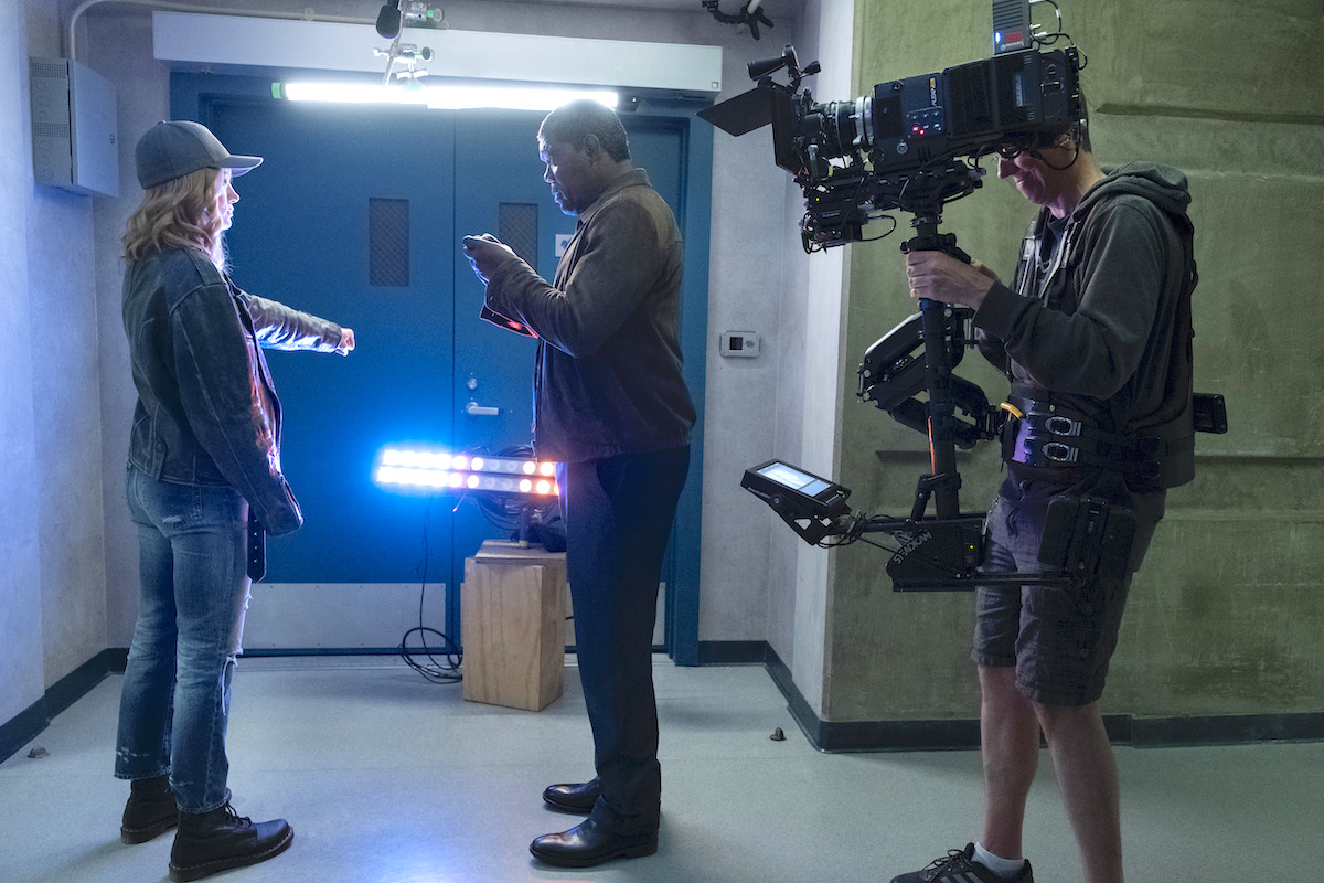 L to R: Brie Larson (Captain Marvel), Samuel L. Jackson (Nick Fury) and Steadicam Camera Operator Geoff Haley / Photo by Chuck Zlotnick 